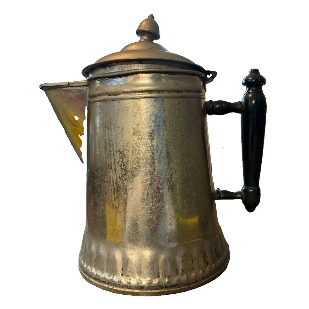 Antique The Rochester Aluminum Coffee Pot Hinged Lid Spout Black Handle